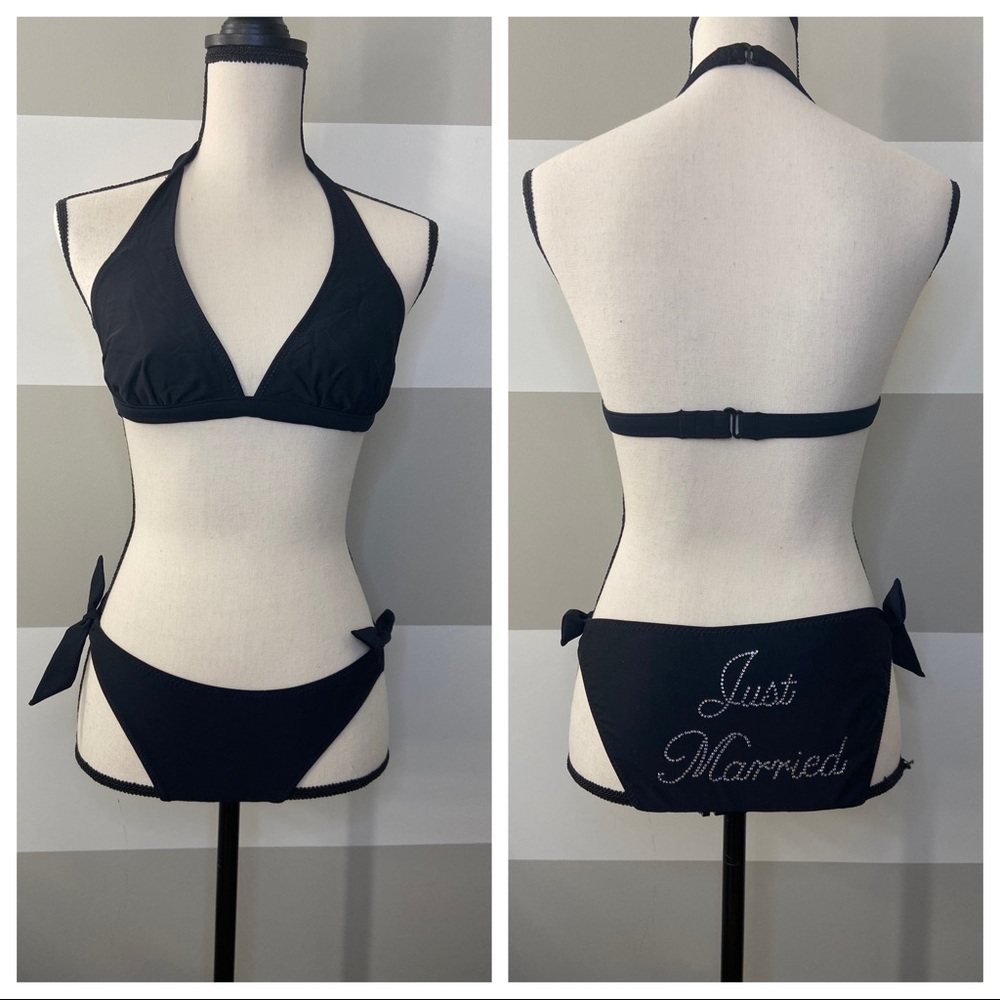 Honeymoon “Just Married” Classic Tie Side Bikini Swim Set Black